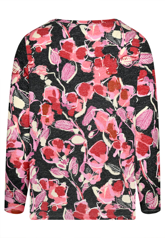 E24885 Feinstrick-Shirt mit Blüten-Print in Rosa/Schwarz
