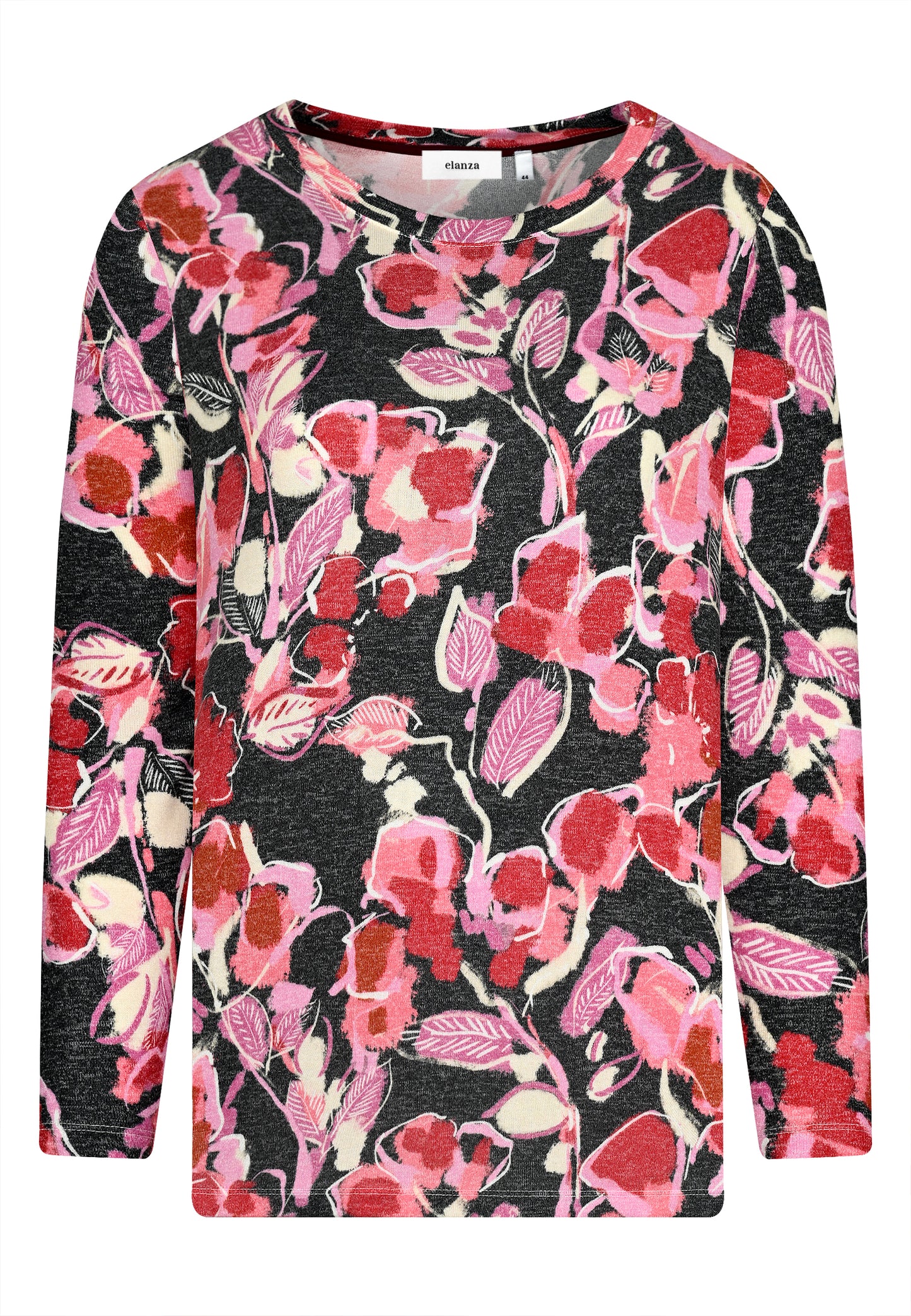 E24885 Feinstrick-Shirt mit Blüten-Print in Rosa/Schwarz