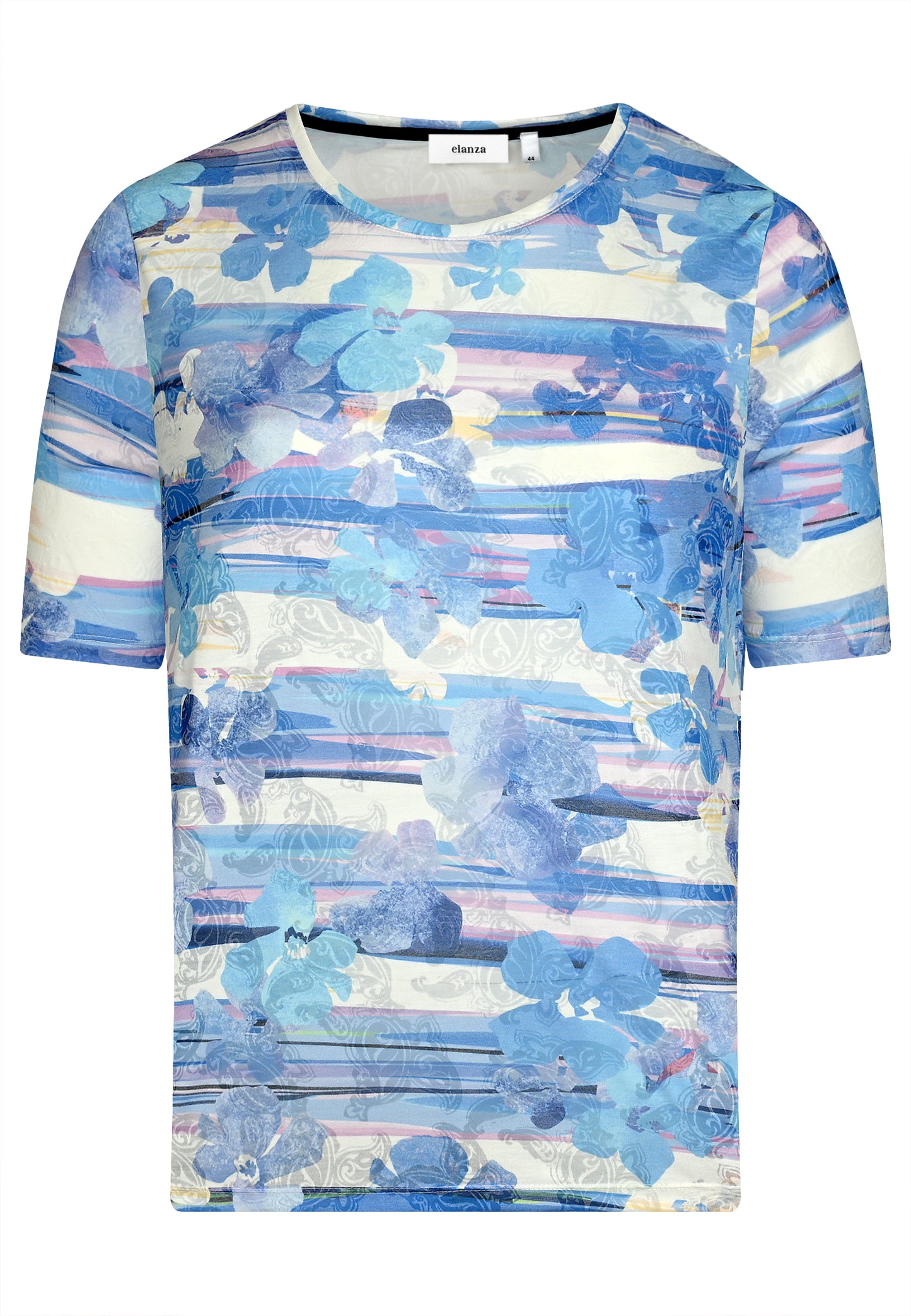 E25186 Shirt met bloemen en ornamenten in blauw/wit