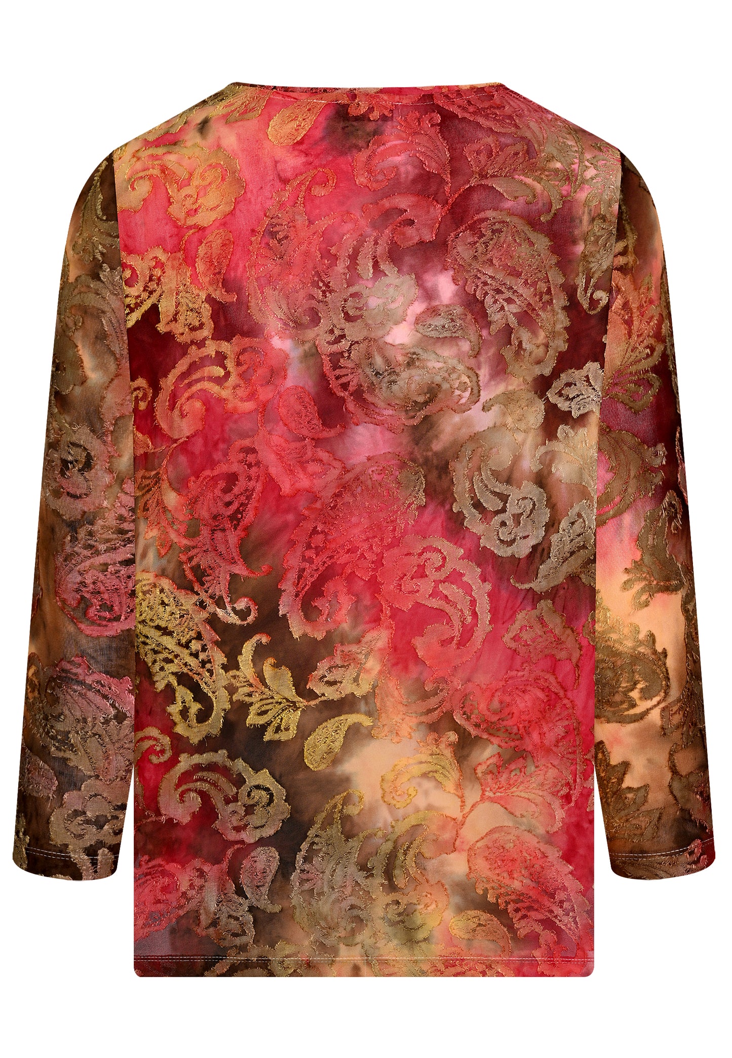E25288 Shirt met ornamentpatroon in rood/olijf