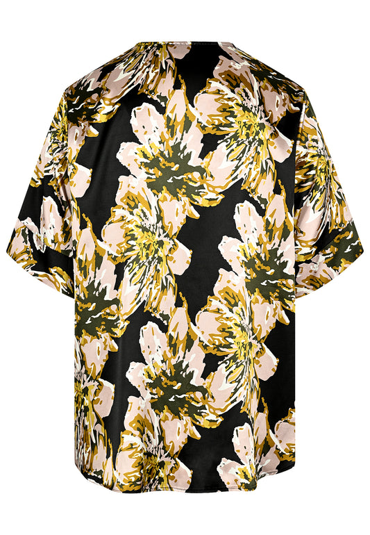 E25382 Satin-Shirt mit Blüten-Print in Schwarz/Rosé