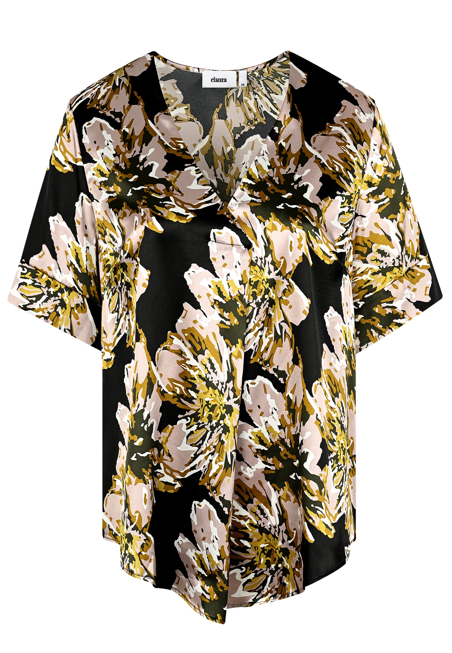 E25382 Satijnen overhemd met bloemenprint in zwart/roze