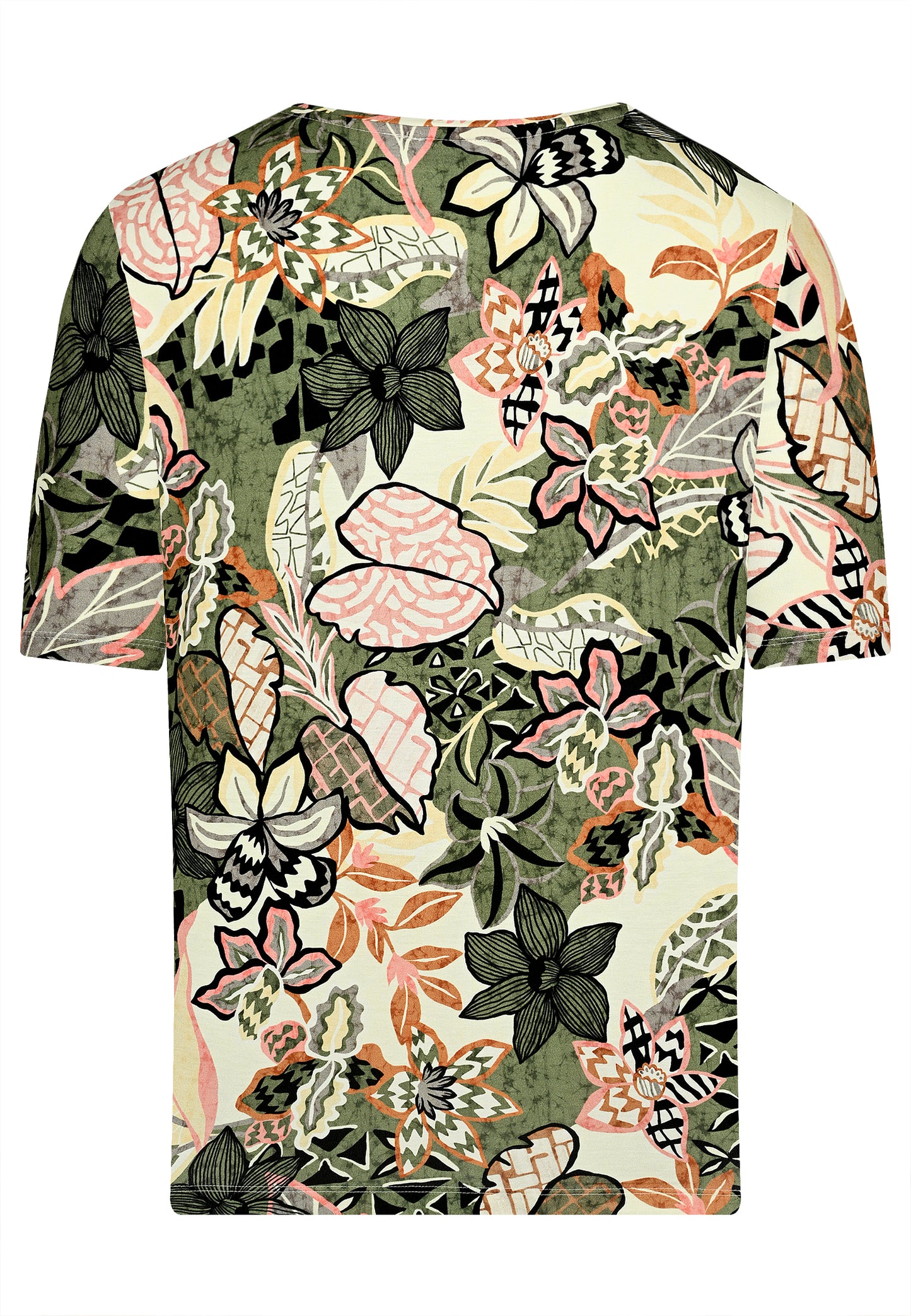 E25389 Shirt met bloemenprint in olijf/roze