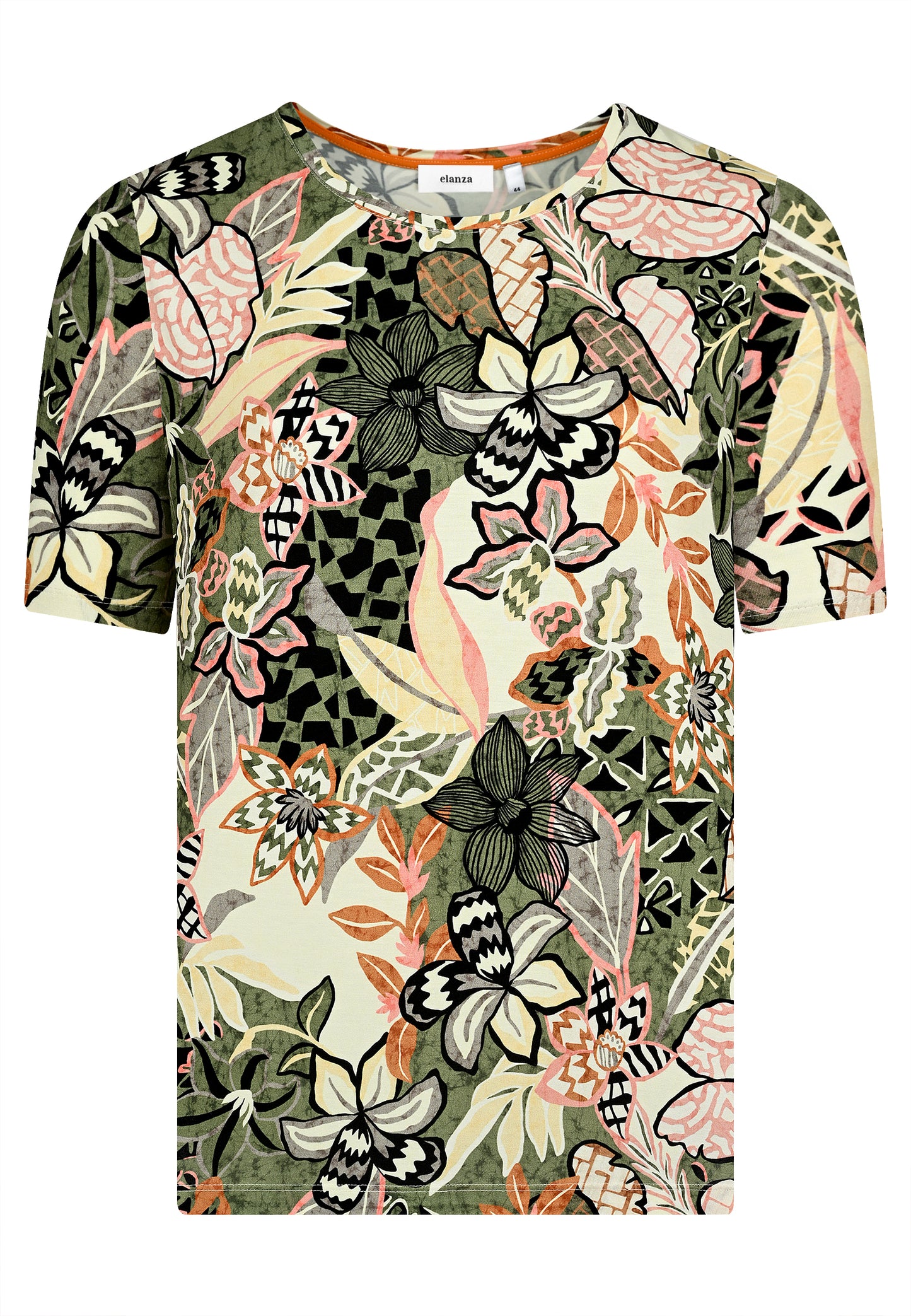E25389 Shirt met bloemenprint in olijf/roze