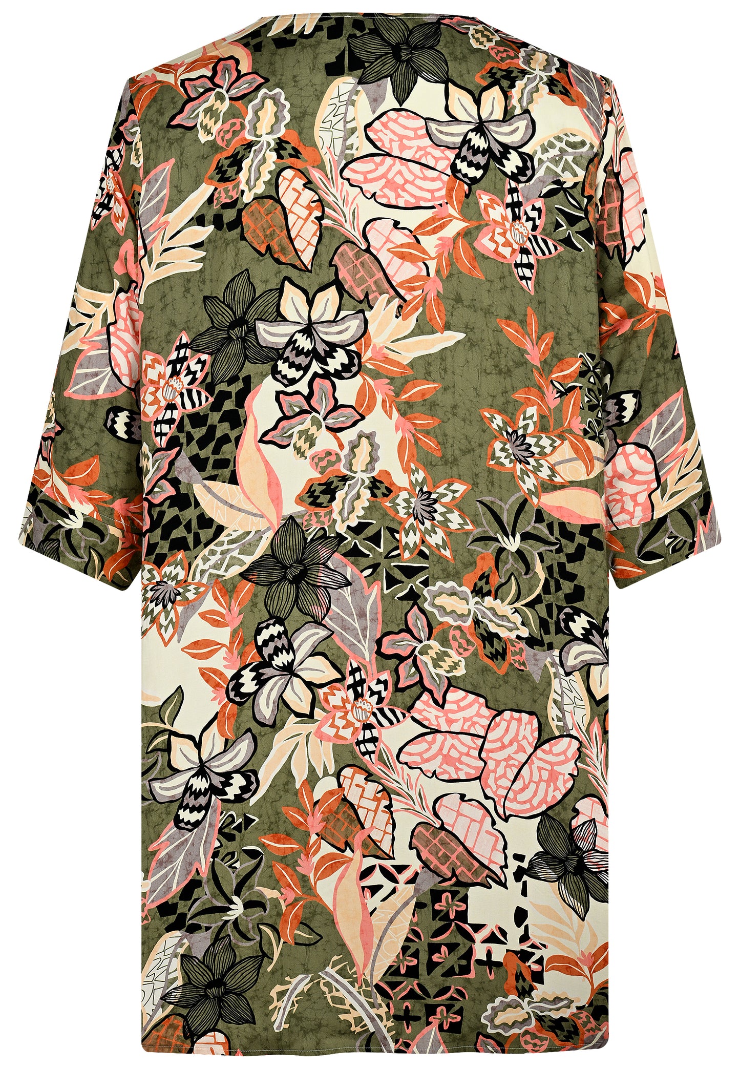 E25391 Jurk met bloemenprint in olijf/roze
