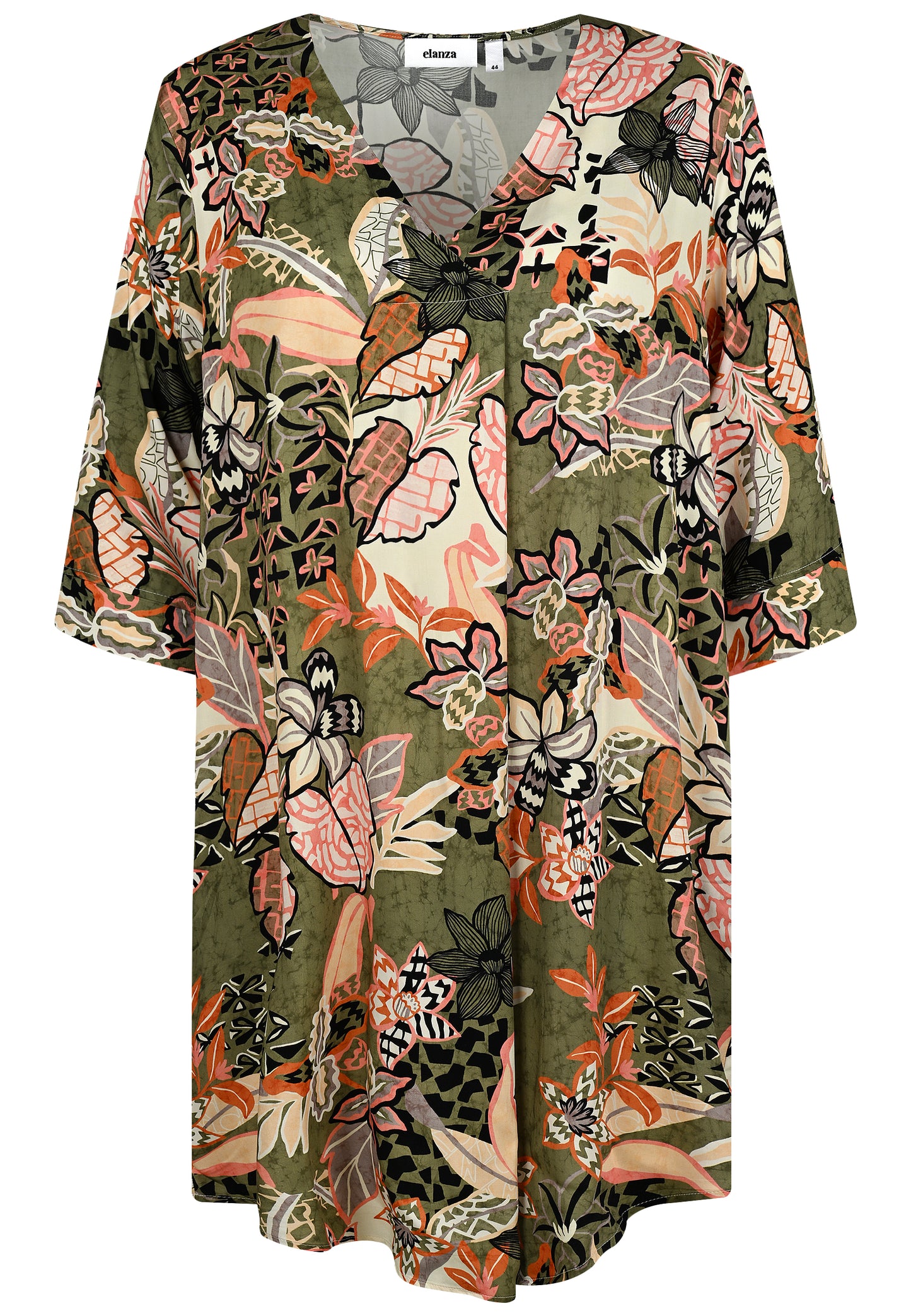 E25391 Jurk met bloemenprint in olijf/roze