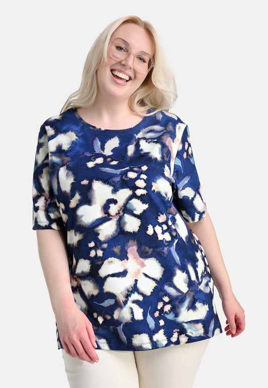 E25484 Shirt mit Batik-Blumen-Print in Blau