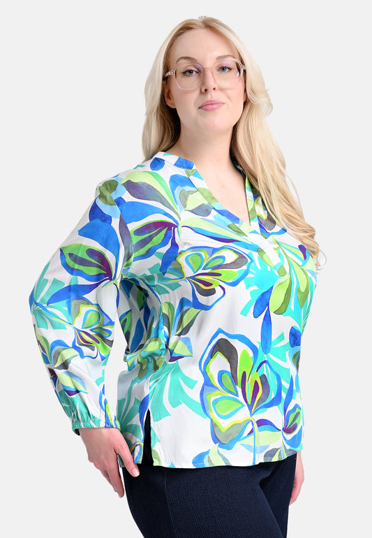 E25488 Bluse mit Tropical-Print in Grün/Blau