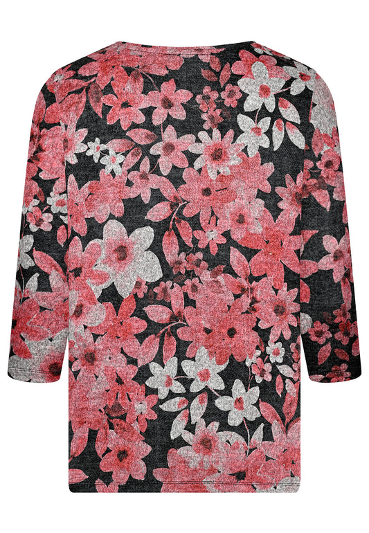 E25582 Shirt mit Blüten-Print in Rot/Anthrazit