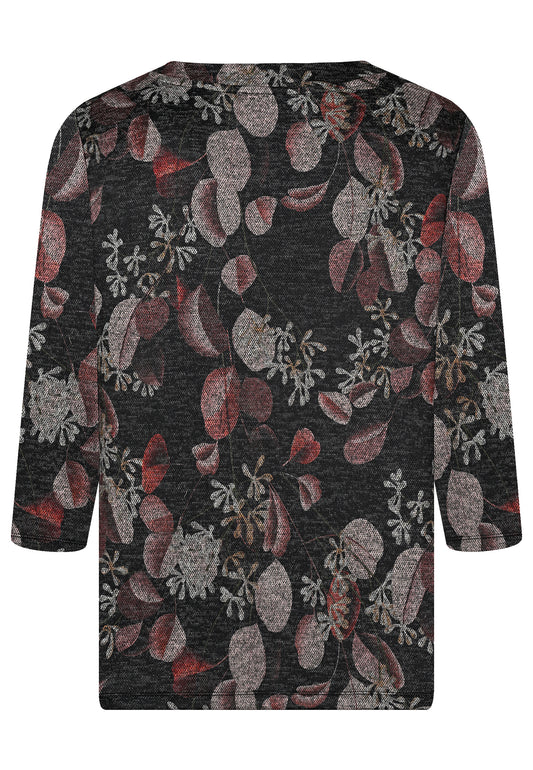 E25588 Shirt mit Blätter-Print in Schwarz/Braun