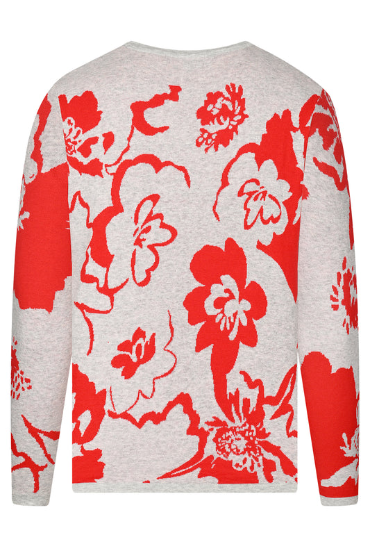 E25592 Strickpullover mit Blütenmuster in Rot/Hellgrau