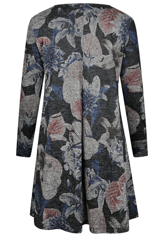 E25686 Kleid mit floralem Print in Grau/Blau