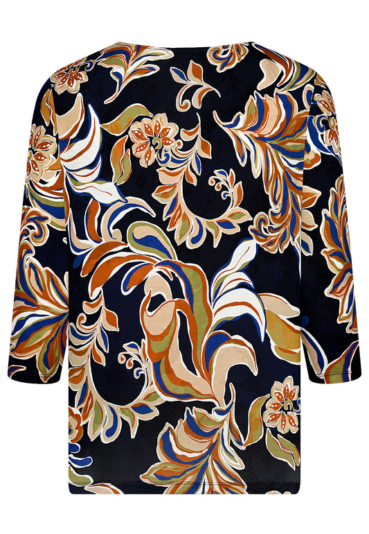 E25689 Shirt mit Blätter-Print in Blau/Braun