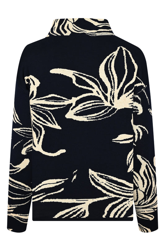 E25693 Strickpullover mit Blütenmuster in Navy/Ecru