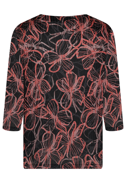 E25785 Feinstrick-Shirt mit Blüten-Print in Schwarz/Braun