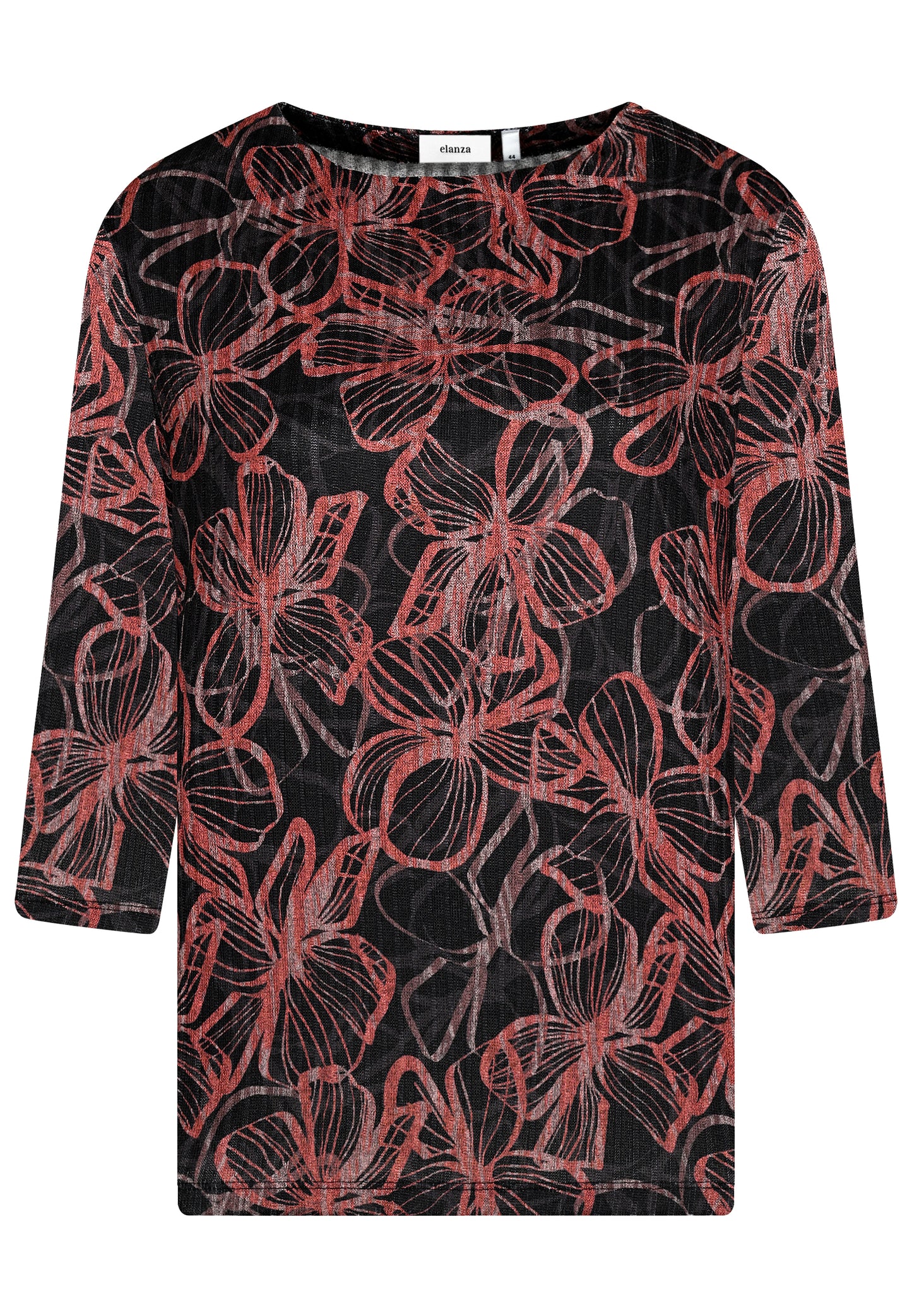 E25785 Feinstrick-Shirt mit Blüten-Print in Schwarz/Braun