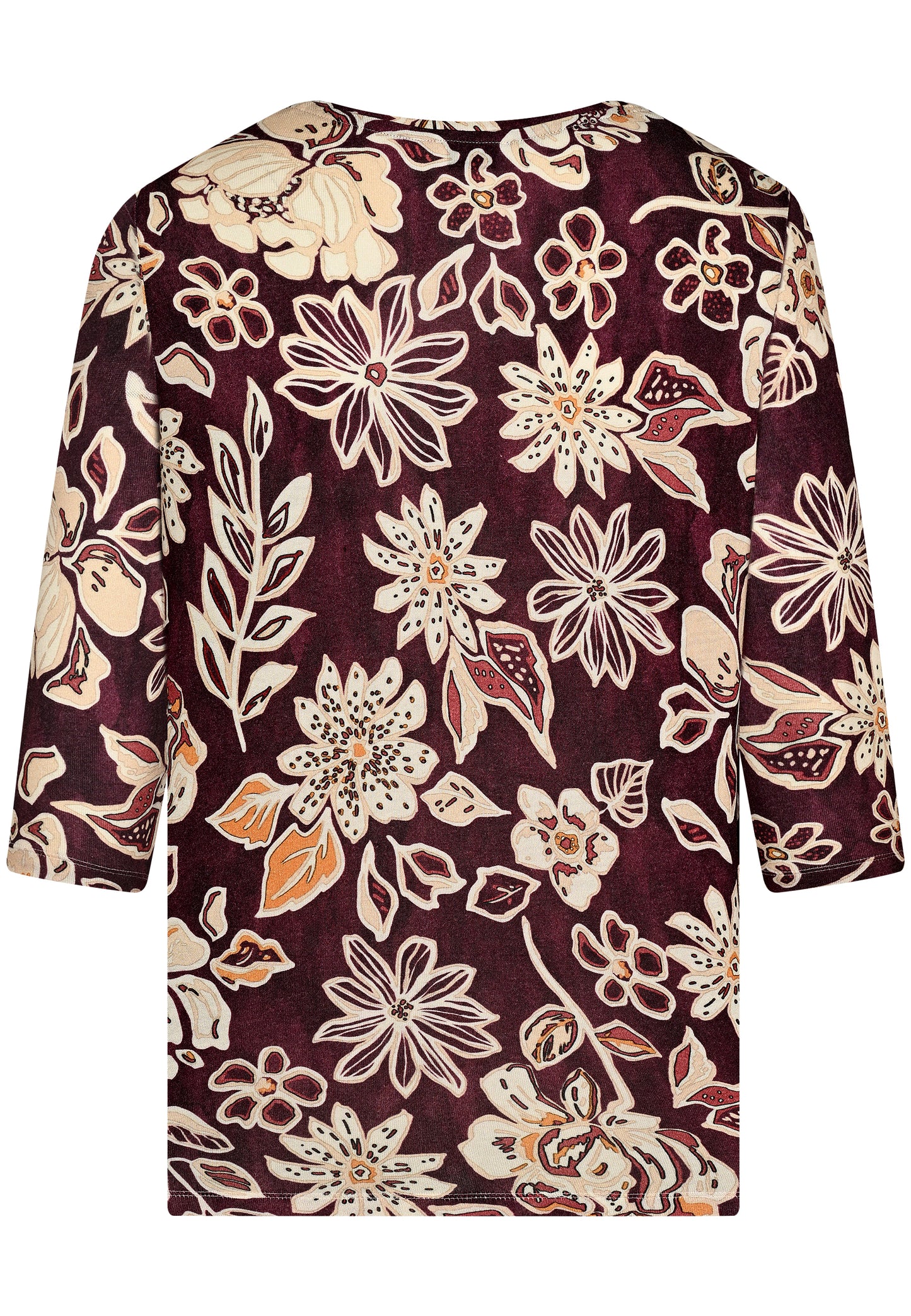 E25792 Feinstrick-Shirt mit Blüten-Print in Bordeaux/Sand
