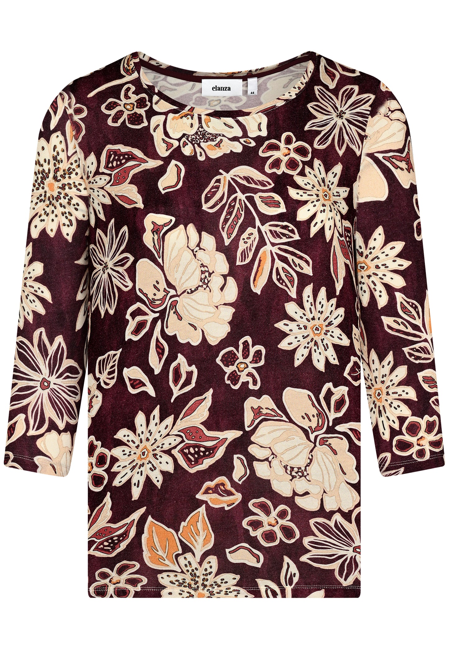 E25792 Feinstrick-Shirt mit Blüten-Print in Bordeaux/Sand
