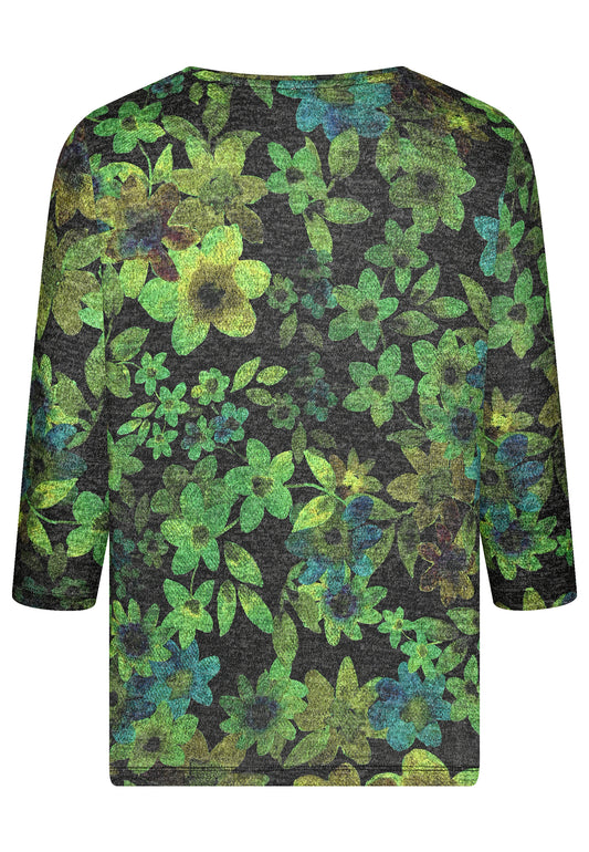 E25883 Feinstrick-Shirt mit Blüten-Print in Grün/Anthrazit