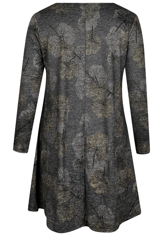 E25891 Kleid mit Ginko-Print in Grau/Blau