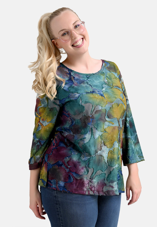 E24682 Overhemd met Ginko-batikpatroon in blauw/curry