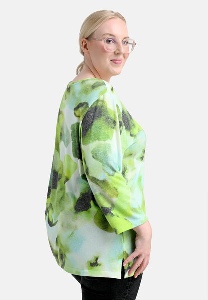 E24687 Feinstrick-Shirt mit Blüten-Print in Grün