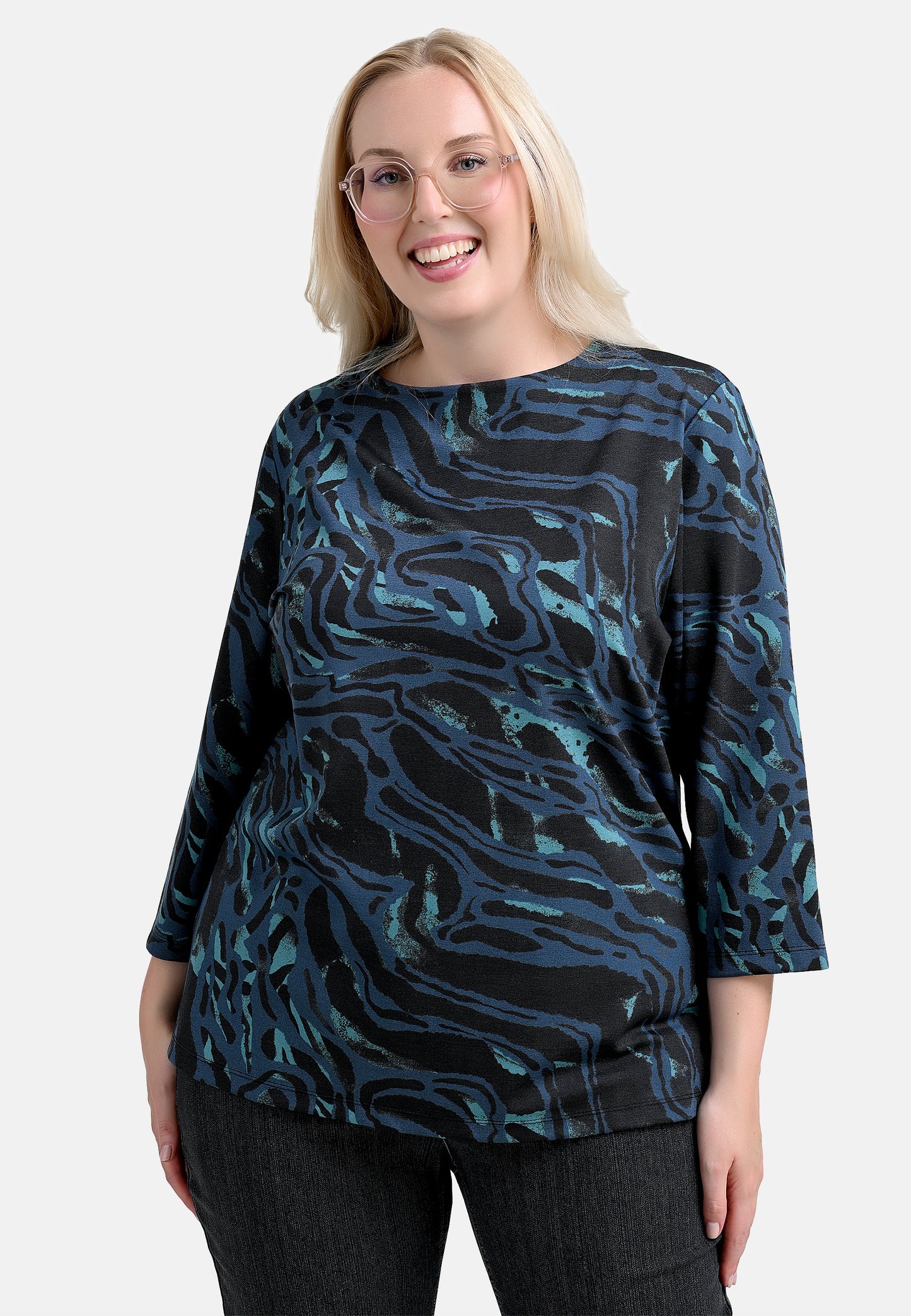 E24693 Shirt mit Marmor-Print in Blau/Schwarz