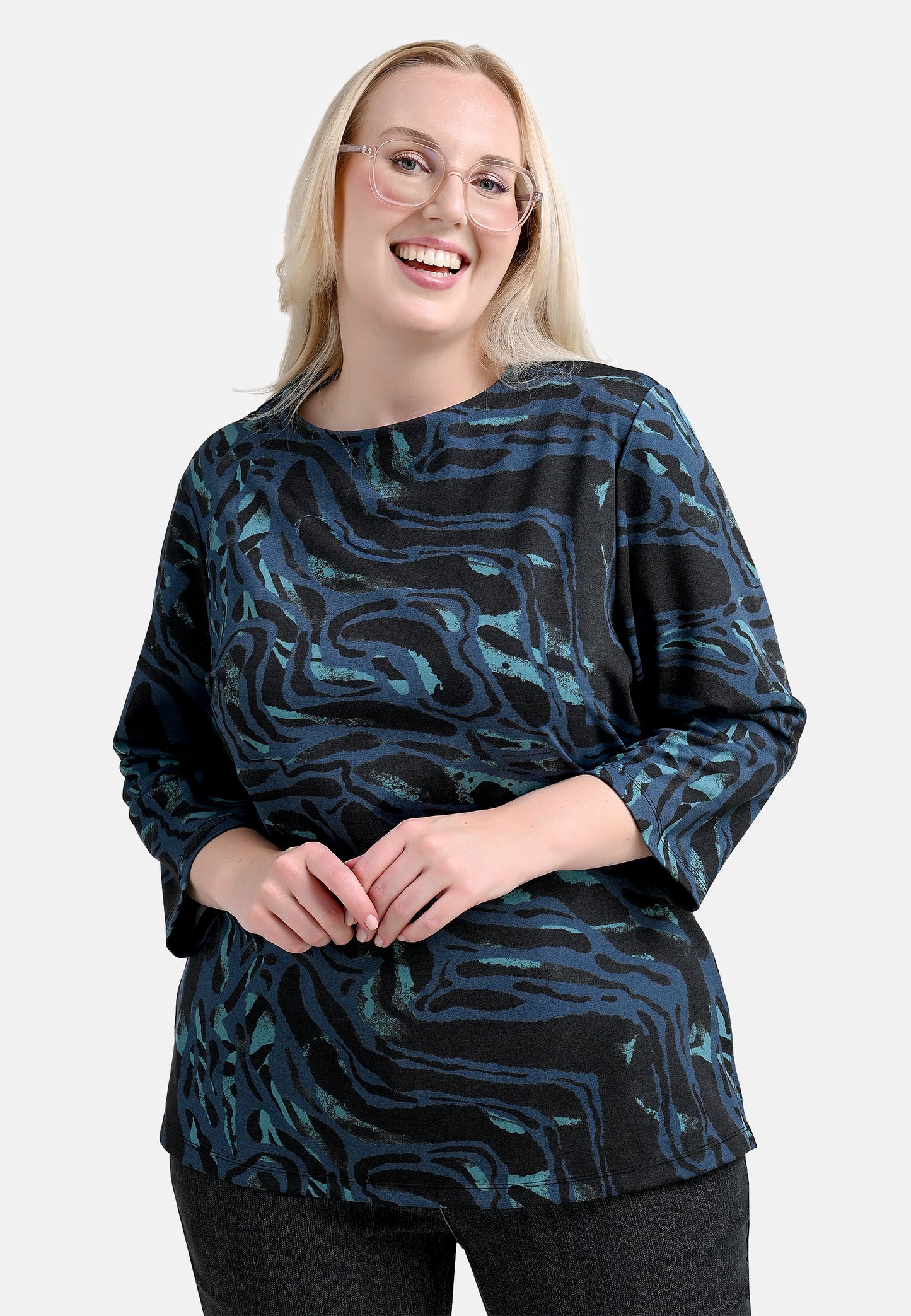 E24693 Shirt mit Marmor-Print in Blau/Schwarz