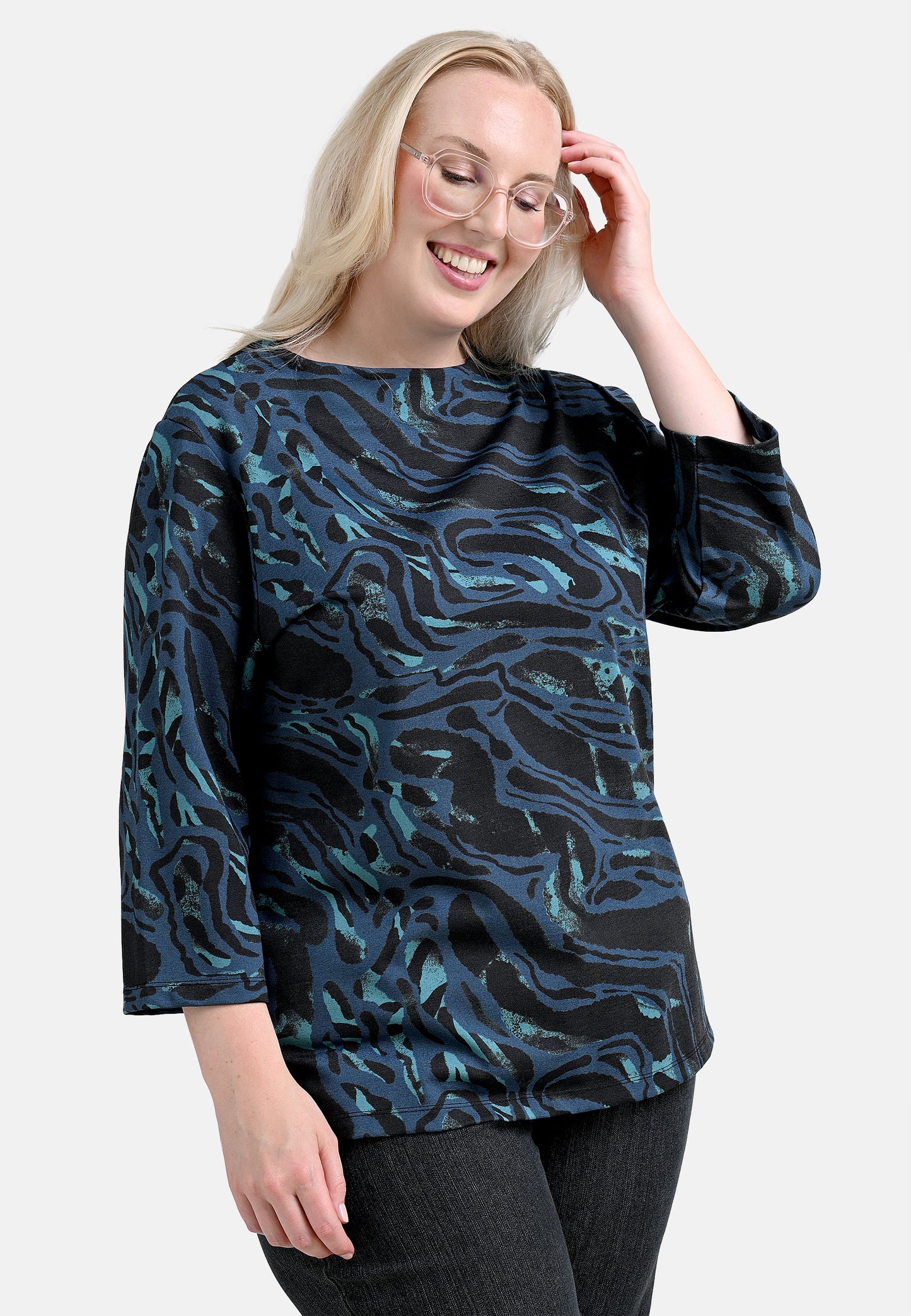 E24693 Shirt mit Marmor-Print in Blau/Schwarz