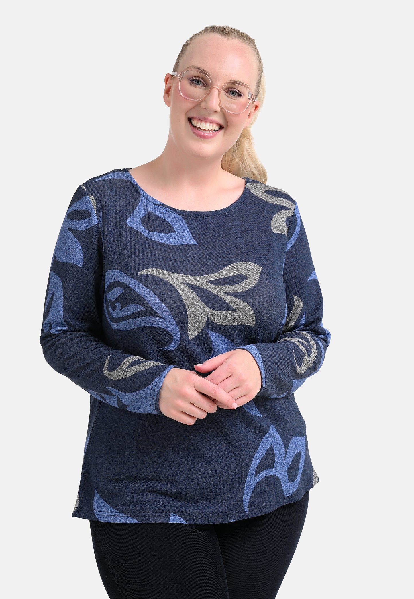 E24789 Feinstrick-Shirt mit Paisley-Print in Blau/Grau