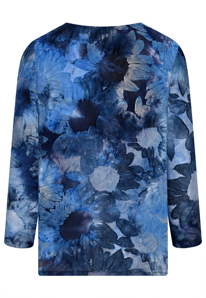 E25183 Shirt mit Sonnenblumen-Jacquard-Muster in Blau