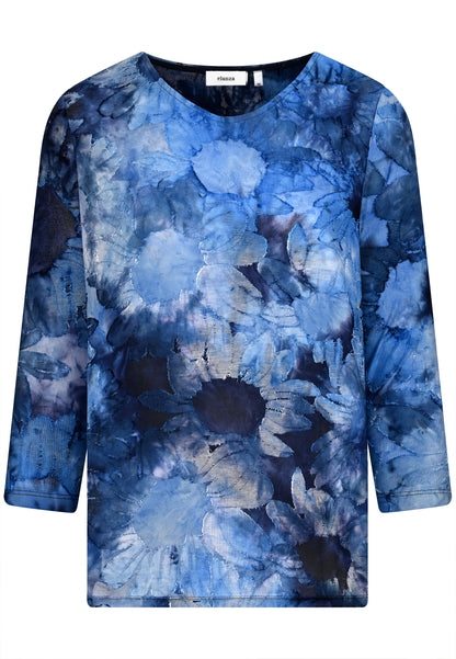 E25183 Shirt mit Sonnenblumen-Jacquard-Muster in Blau