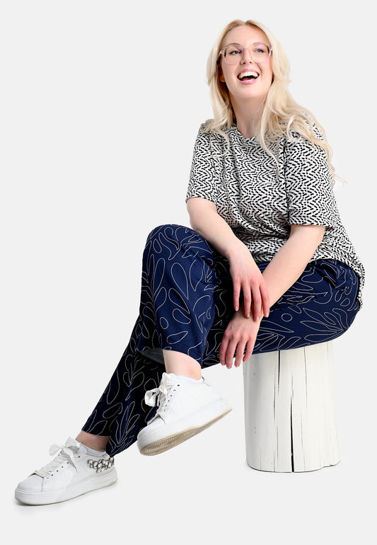 E25492 Palazzo-Hose mit Print in Dunkelblau