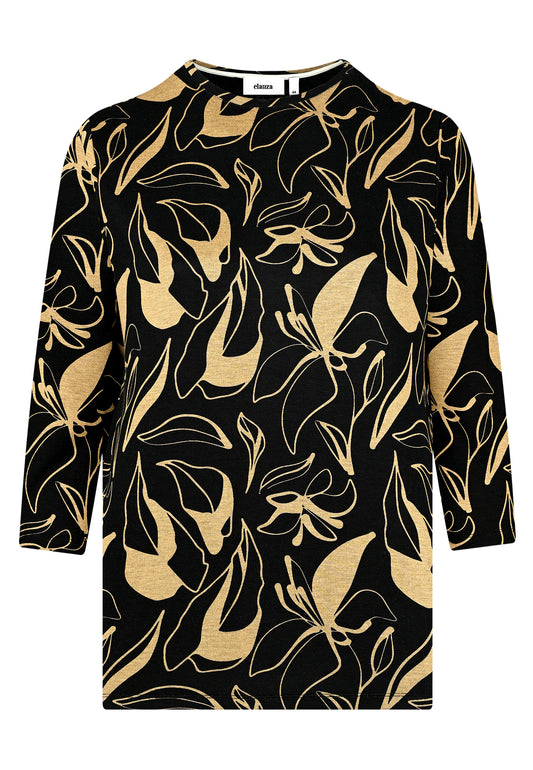 E25584 Shirt mit Blumen-Print in Schwarz/Gold