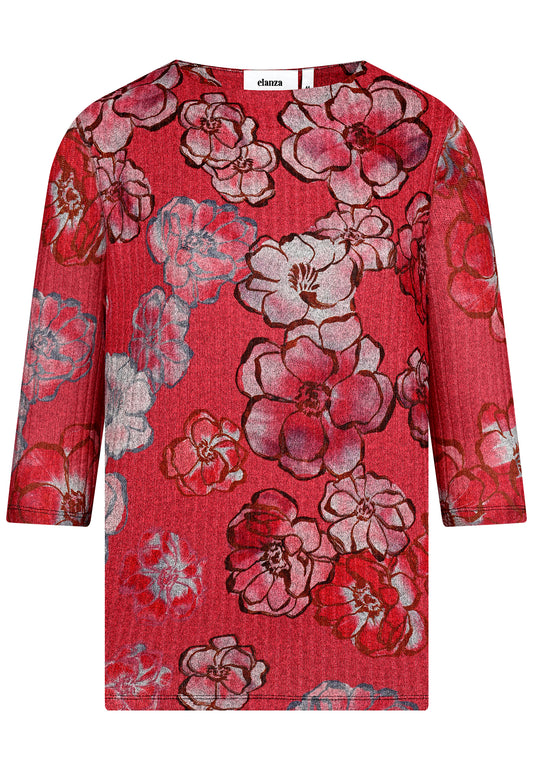 E25586 Feinstrick-Shirt mit Blüten-Print in Rot