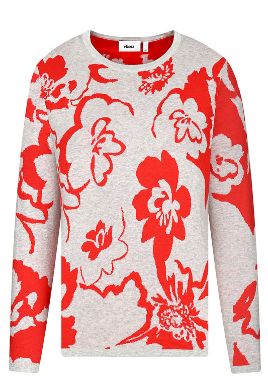 E25592 Strickpullover mit Blütenmuster in Rot/Hellgrau