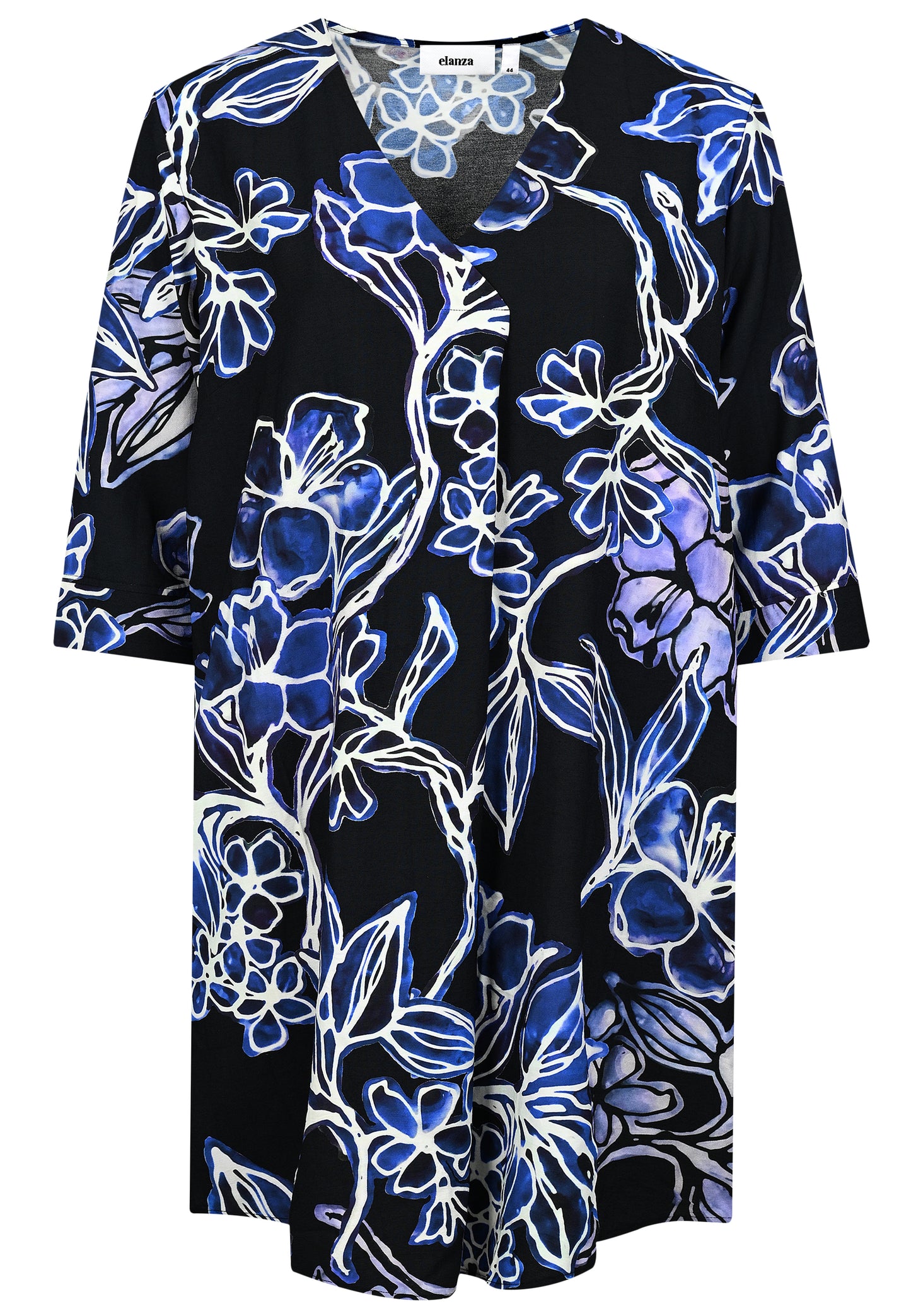 E25688 Jurk met bloemenprint in zwart/blauw