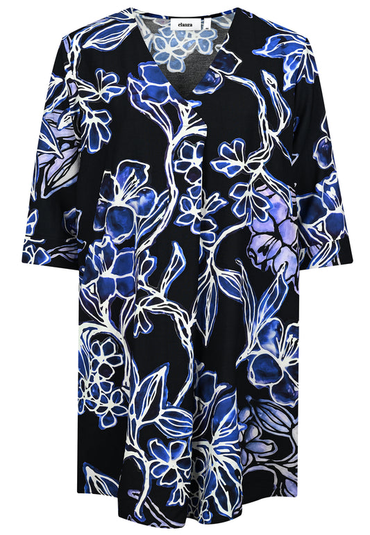 E25688 Jurk met bloemenprint in zwart/blauw
