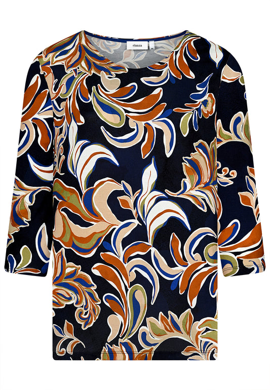 E25689 Shirt mit Blätter-Print in Blau/Braun