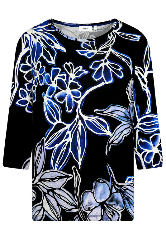 E25691 Shirt mit Blumen-Print in Schwarz/Blau
