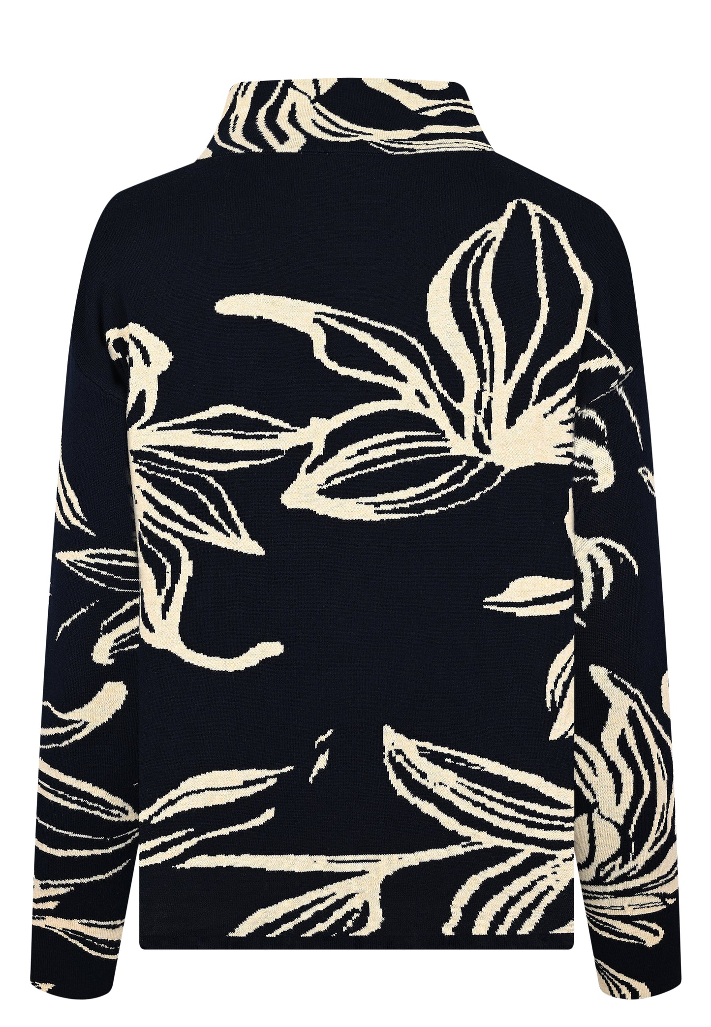 E25693 Gebreide trui met bloemenpatroon in marineblauw/ecru