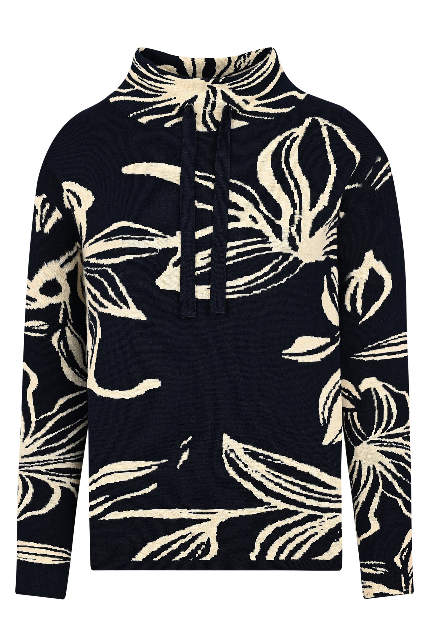 E25693 Gebreide trui met bloemenpatroon in marineblauw/ecru