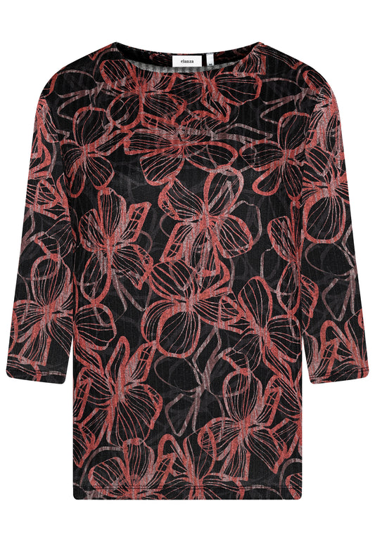 E25785 Feinstrick-Shirt mit Blüten-Print in Schwarz/Braun