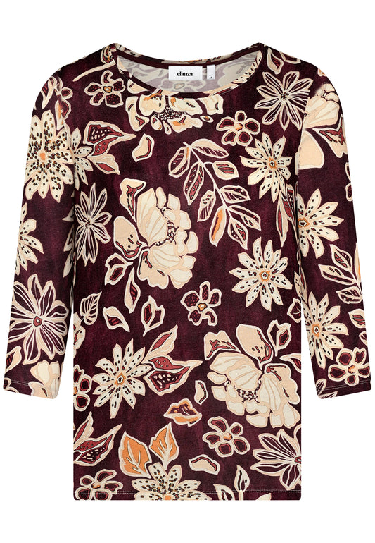 E25792 Feinstrick-Shirt mit Blüten-Print in Bordeaux/Sand