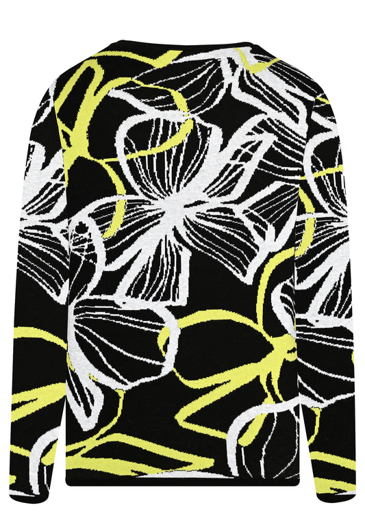 E25881 Strickpullover mit Blütenmuster in Schwarz/Hellgrün