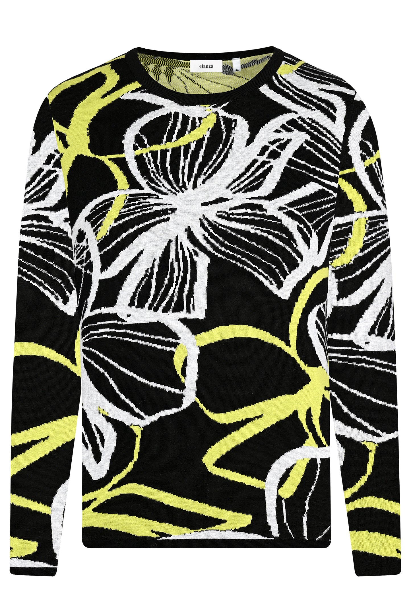 E25881 Strickpullover mit Blütenmuster in Schwarz/Hellgrün