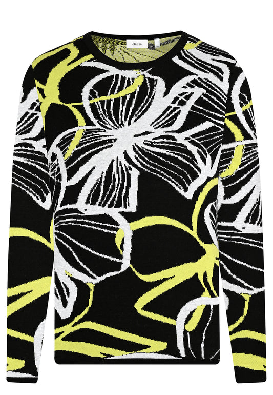 E25881 Strickpullover mit Blütenmuster in Schwarz/Hellgrün