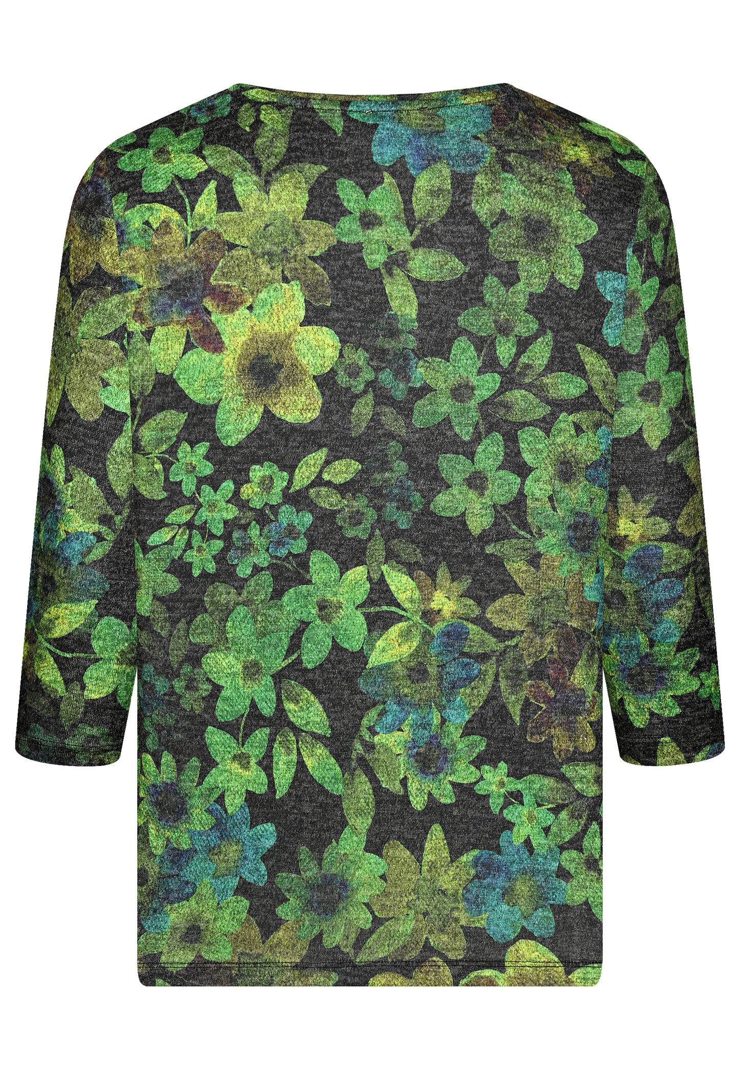 E25883 Feinstrick-Shirt mit Blüten-Print in Grün/Anthrazit