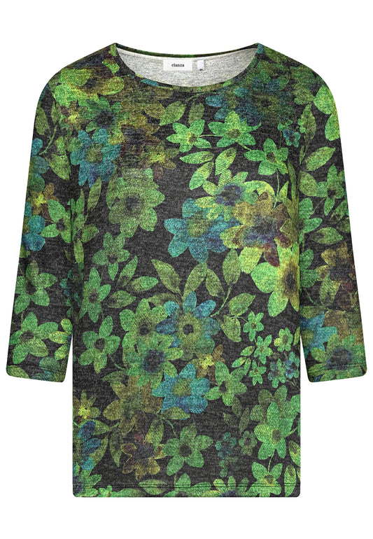E25883 Feinstrick-Shirt mit Blüten-Print in Grün/Anthrazit