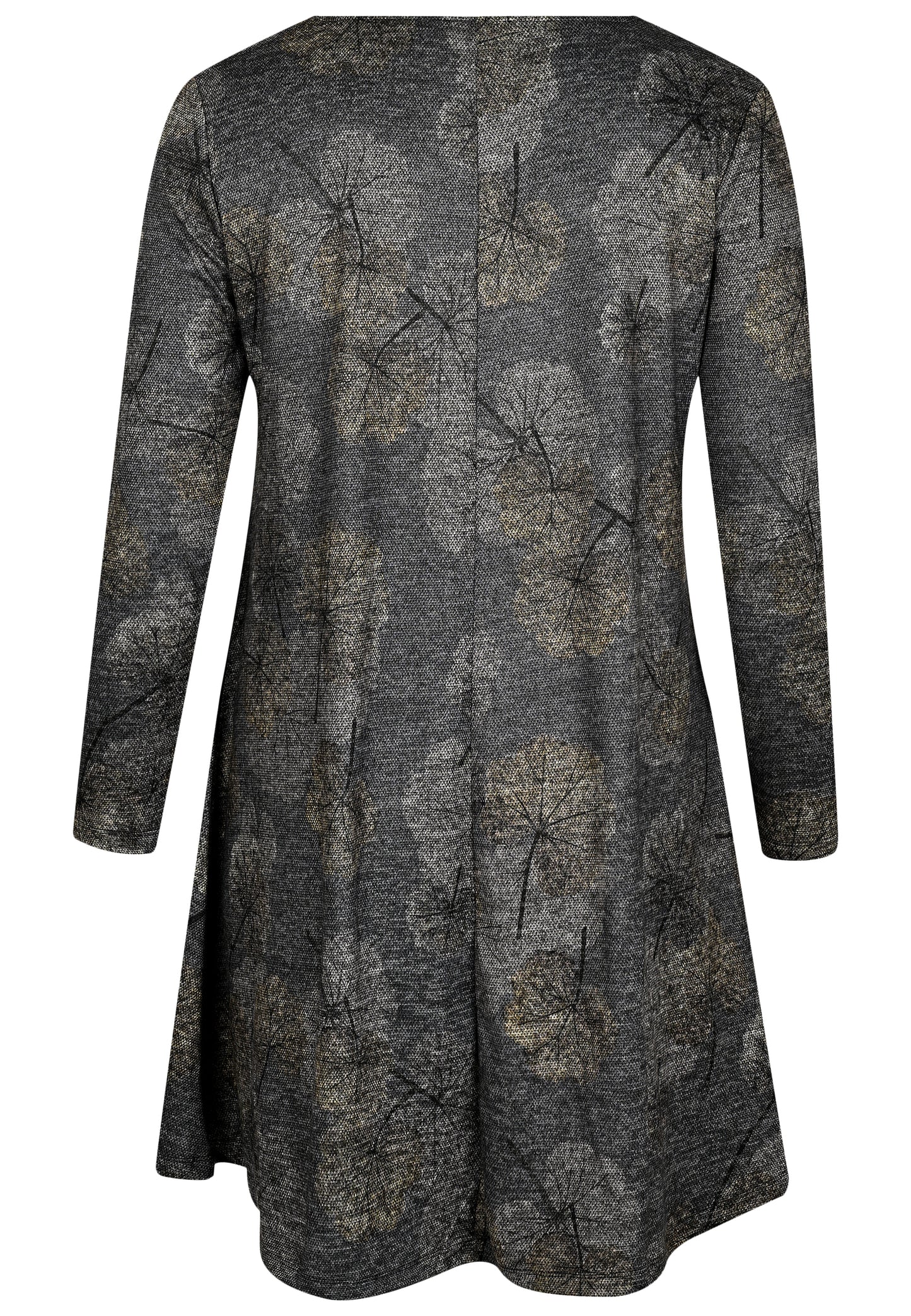 E25891 Kleid mit Ginko-Print in Grau/Blau
